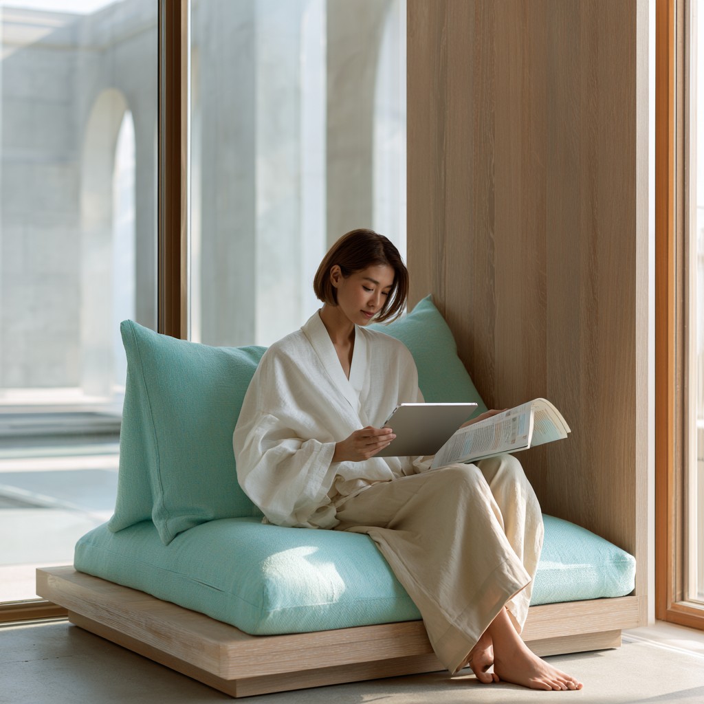 Student reading in a modern lounge with a tablet and book